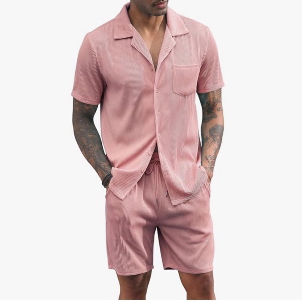 Men’s Pink Short Sleeve Button Down Shirt and Shorts Set